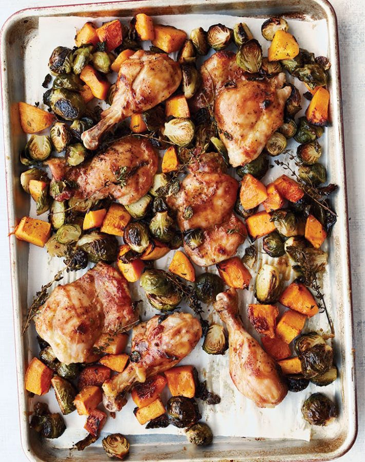 Skinny Taste DijonMaple Chicken With Brussels Sprouts and Butternut Squash
