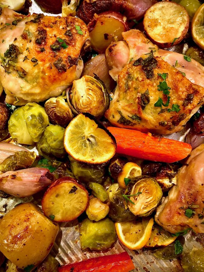 Sheet-Pan Lemony Chicken with Brussels Sprouts